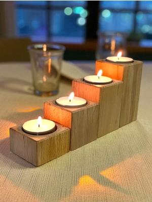 Efholde Ahşap Doğal Dekoratif Mumluk 4'lü Kare Takım