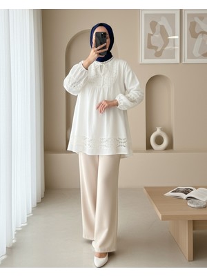 Modamorfo Dantel Detaylı Yakası Bağlamalı Kolu Lastikli Gömlek  -Beyaz