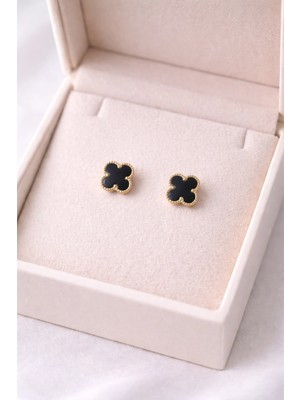 VeraGlobe Buğz Altın Renk Çerçeveli Siyah Yonca Çelik Küpe Model 3 – Kararmaz, Paslanmaz, Minimal & Şık Kadın Küpesi