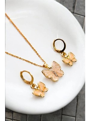 twingold Kelebek Tasarımlı Kolye Küpe Takım Seti