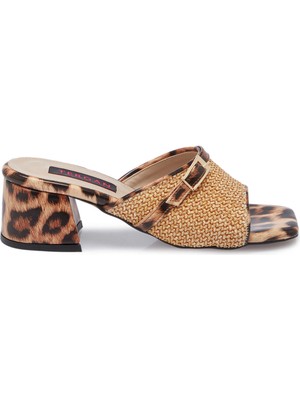 Tergan Bej Hasır Leopar Desenli Kadın Terlik - K25Y1TR68005-U7P