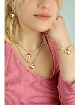 twingold Kalp Tasarımlı 2li Zincirli Kolye Küpe Bileklik Takımı