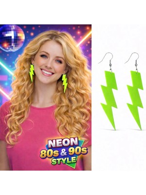 VeraGlobe Buğz 80’ler 90'lar Retro Neon Yeşil Şimşek Küpe 10 cm