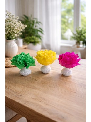 Lavinyum 3’lü El Yapımı Kağıt Çiçekli Dekoratif Mini Vazo Seti - Renkli Yapay Çiçekli Masa Üstü Salon Dekoru