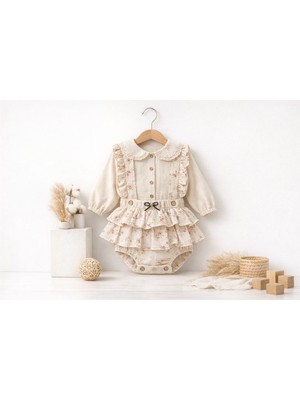Beyaz Bebe Kız Bebek Natural Rampır Gömlek Takım