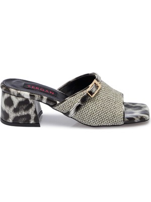 Tergan Gri Hasır Leopar Desenli Kadın Terlik - K25Y1TR68005-U7O