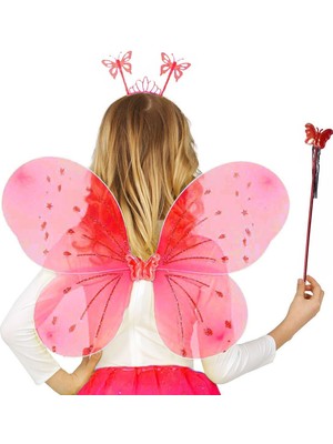 VeraGlobe Buğz Kırmızı Renk Çocuk Kelebek Kanadı Tacı ve Asa Seti 50 cm