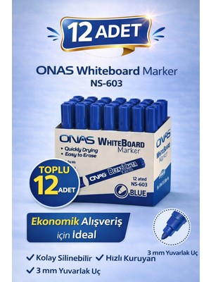 VeraGlobe Buğz Onas Whiteboard Marker NS-603 Mavi Tahta Kalemi 3 mm Yuvarlak Uç 12 Adet