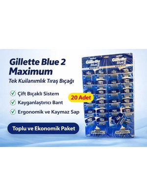 VeraGlobe Buğz Jilet Blue 2 Maximum Tek Kullanımlık Tıraş Bıçağı 20 Adet Ekonomik Paket
