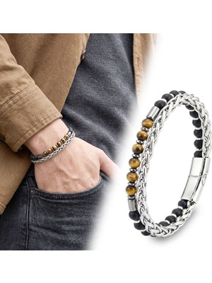 Fm 💎 Premium Çelik Zincirli Kaplan Gözü Ve Mat Oniks-Hematit Bileklik 31832B21D10  - 20 cm