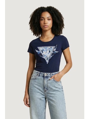 Guess Kısa Kollu Bisiklet Yaka Tüylü Üçgen Kadın Lacivert T-Shirt W6GI11K3026-G7P1