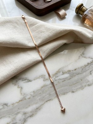 Meneva Aksesuar Zarif Italyan Ezme Zincir Bakır Renk Kalp Detaylı Paslanmaz Çelik Bileklik