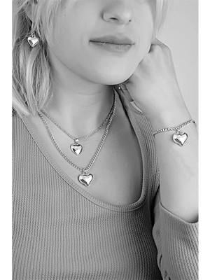 twingold Kalp Tasarımlı 2li Zincirli Kolye Küpe Bileklik Takımı Sevgililer Günü