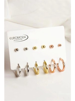 twingold Gold Gümüş ve Rose Renkleri Halka ve Top Küpe Seti