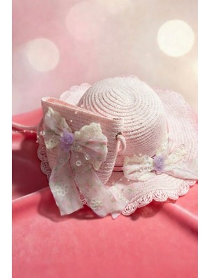 Mollycrush Kız Çocuk Hediyelik Pembe Fiyonklu Hasır Görünümlü Şapka Çanta Takımı