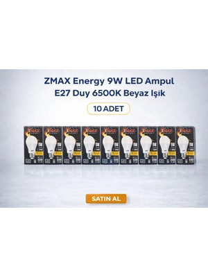 VeraGlobe Buğz Zmax Energy 9W LED Ampul E27 Duy 6500K Beyaz Işık 720 Lümen 60W Eşdeğer Enerji Tasarruflu 10 Adet