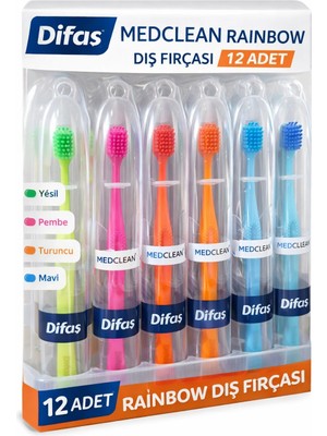 VeraGlobe Buğz Difaş Medclean Rainbow Diş Fırçası 12 Adet Standlı Orta Sert Renkli Yetişkin Diş Fırçası Seti