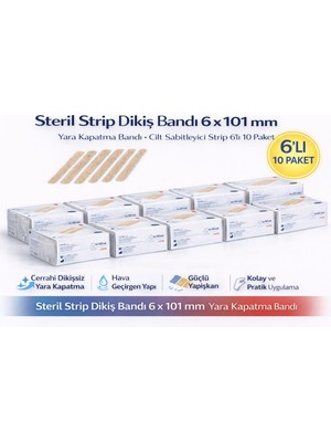 VeraGlobe Buğz Steril Strip Dikiş Bandı 6 x 101 mm Yara Kapatma Bandı Cilt Sabitleyici Strip 6’lı 10 Paket