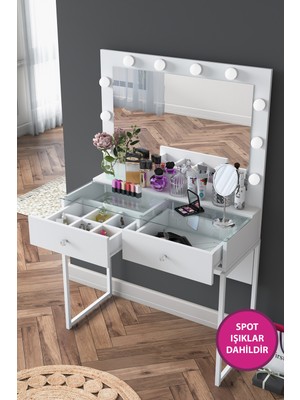 Özbience Işıklı Aynalı Makyaj Masası, 2 Çekmeceli, Takı Düzenleyici, Beyaz