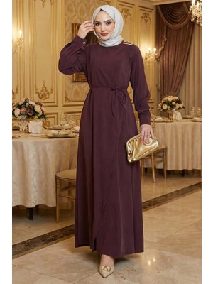 Hafsa Mina Toka Detaylı Bağlamalı Tesettür Elbise Bordo HM2887
