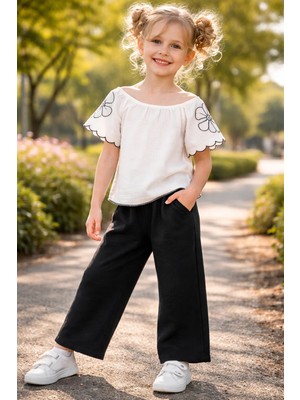 Almira Anne Bebek Kız Çocuk Ekru Renk Takım Geniş Yaka Çiçek Nakışlı 4-8 Yaş