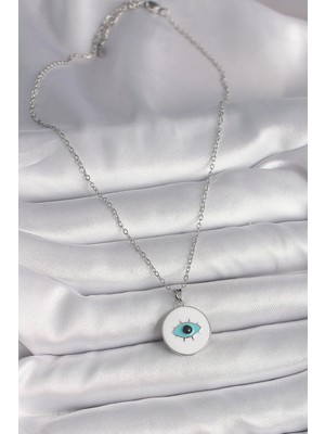 VeraGlobe Buğz 316L Çelik Gümüş Renk Zincir Beyaz Mineli Turkuaz Göz Işleme Model Kadın Kolye - Buğz