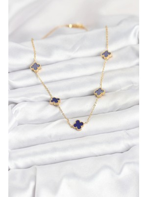 VeraGlobe Buğz 316L Çelik Zincir Gold Renk Lacivert Baby Boy Yonca Kadın Kolye - Buğz