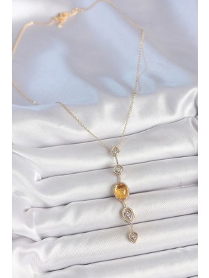 VeraGlobe Buğz Pirinç Zincir Kehribar Sarı Gold Renk  Zirkon Taşlı Y Kolye - Buğz