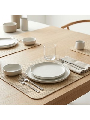 Grand Fine Art 2 Adet Deri Amerikan Servis-Örgü Desenli Bej Amerikan Servis