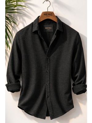 Mero Life Erkek Pera Kumaş Keten Görünümlü Mevsimlik Rahat Kullanım Pamuklu Dökümlü Salaş Gömlek - Siyah