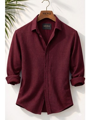 Mero Life Erkek Pera Kumaş Keten Görünümlü Mevsimlik Rahat Kullanım Pamuklu Dökümlü Salaş Gömlek - Bordo