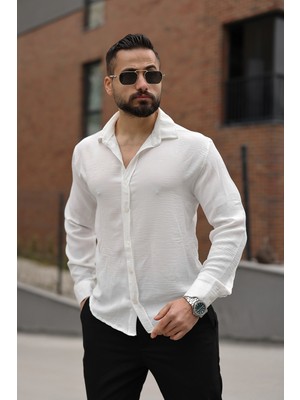 Mero Life Erkek Pera Kumaş Keten Görünümlü Mevsimlik Rahat Kullanım Pamuklu Dökümlü Salaş Gömlek