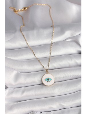 VeraGlobe Buğz 316L Çelik Gold Renk Zincir Beyaz Mineli Turkuaz Göz Işleme Model Kadın Kolye - Buğz