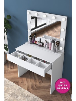 Özbience Işıklı Aynalı Makyaj ve Takı Düzenleyici, Beyaz Kulis Masası