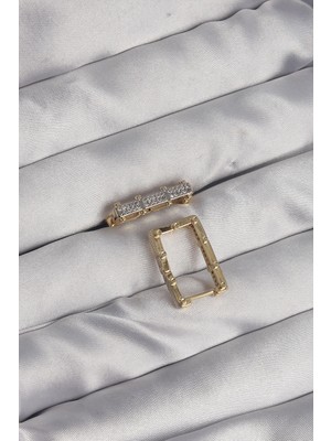 VeraGlobe Buğz Pirinç Gold Renk Zirkon Taşlı Dikdörtgen Model Seranay Küpe - Buğz