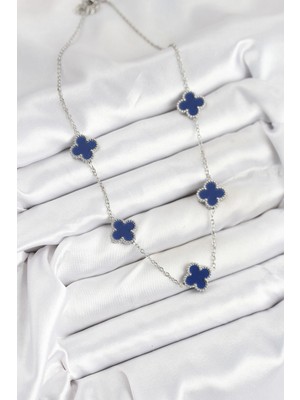 VeraGlobe Buğz 316L Çelik Zincir Gümüş Lacivert Renk Yonca Kadın Kolye - Buğz