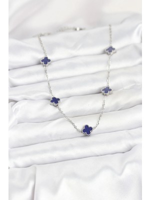 VeraGlobe Buğz 316L Çelik Zincir Gümüş Renk Lacivert Baby Boy Yonca Kadın Kolye - Buğz