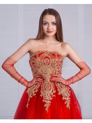 VeraGlobe Buğz Uzun Boy Kırmızı Puantiyeli Kırmızı Renk Yetişkin Tül Eldiven 55 cm - Buğz