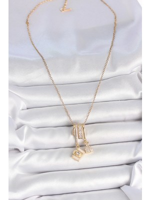 VeraGlobe Buğz 316L Çelik Gold Renk Zirkon Taşlı Sallantı Fotoğraf Makinası Figür Charm Kadın Kolye - Buğz