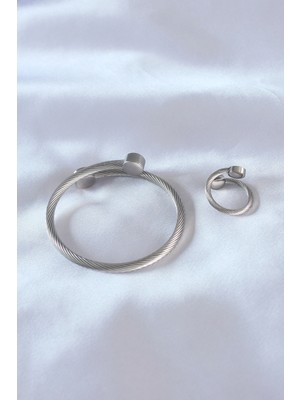 VeraGlobe Buğz Çelik Gümüş Renk Sıkı Burgu Model Erkek Bileklik Yüzük Seti - Buğz