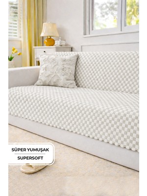 Evien Home Aron Kürklü Koltuk Örtüsü 170X215 cm Yumuşak Peluş Lüks Kaymaz Taban Kanepe Örtüsü Krem