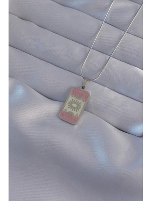 VeraGlobe Buğz 316L Çelik Gümüş Renk Pembe Mineli Ay Figür Tarot Kolye - Buğz