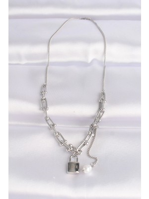 VeraGlobe Buğz 316L Çelik Zincir Gümüş Renk Zincirli Love Yazılı Kilit Kolye - Buğz