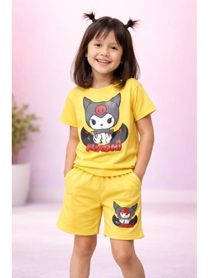 Almira Anne Bebek Yazlık Kız Çocuk Takımı Renkli Kuromi Baskılı Kısa Kollu Şortlu Set