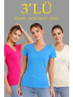 Janes 3lü V Yaka Tişört – Kısa Kollu Yazlık Slim Fit Body - Pembe, Açık Mavi, Ekru