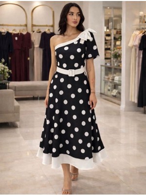Livizmir Moda Kadın Omuz Dekolteli Fiyonk ve Puantiye Detay Maxi Boy Elbise