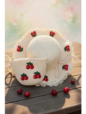 Mollycrush Yazlık Kiraz Desenli Hasır Dokulu Şapka Çapraz Askılı Çanta Seti - Kız Çocuk Için Hediye