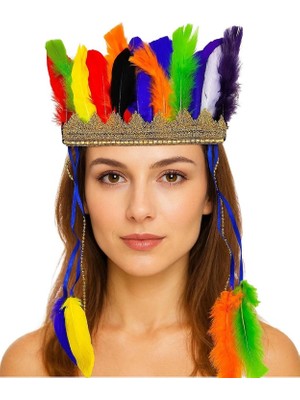 VeraGlobe Buğz Rengarenk Tüylerle Işlenmiş Lastikli Kızılderili Başlığı - Buğz