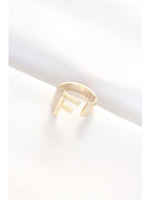 VeraGlobe Buğz F Harfli Altın Renk Ayarlanabilir Yüzük - Buğz