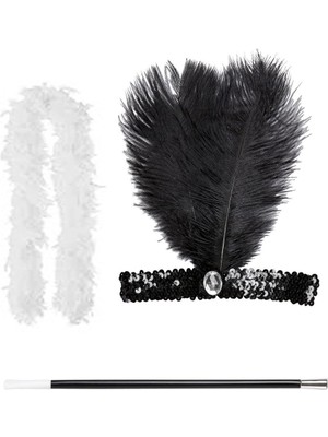 VeraGlobe Buğz Retro Charliston Beyaz Otrişli Aksesuar Seti – 2039LER 9039LAR Gatsby Kostüm Seti - Buğz